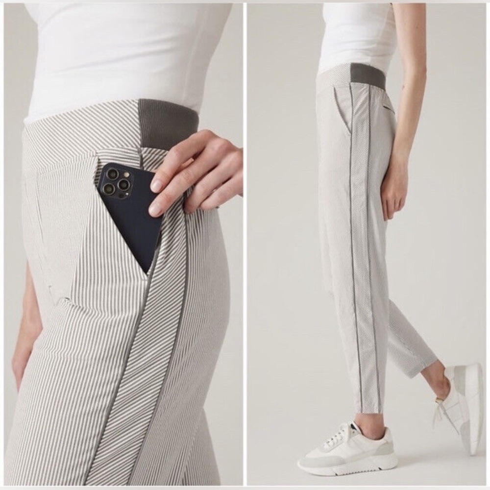 Athleta Brooklyn Textured Ankle Pant Size 6 vertical stripes white gray - Picture 2 of 14